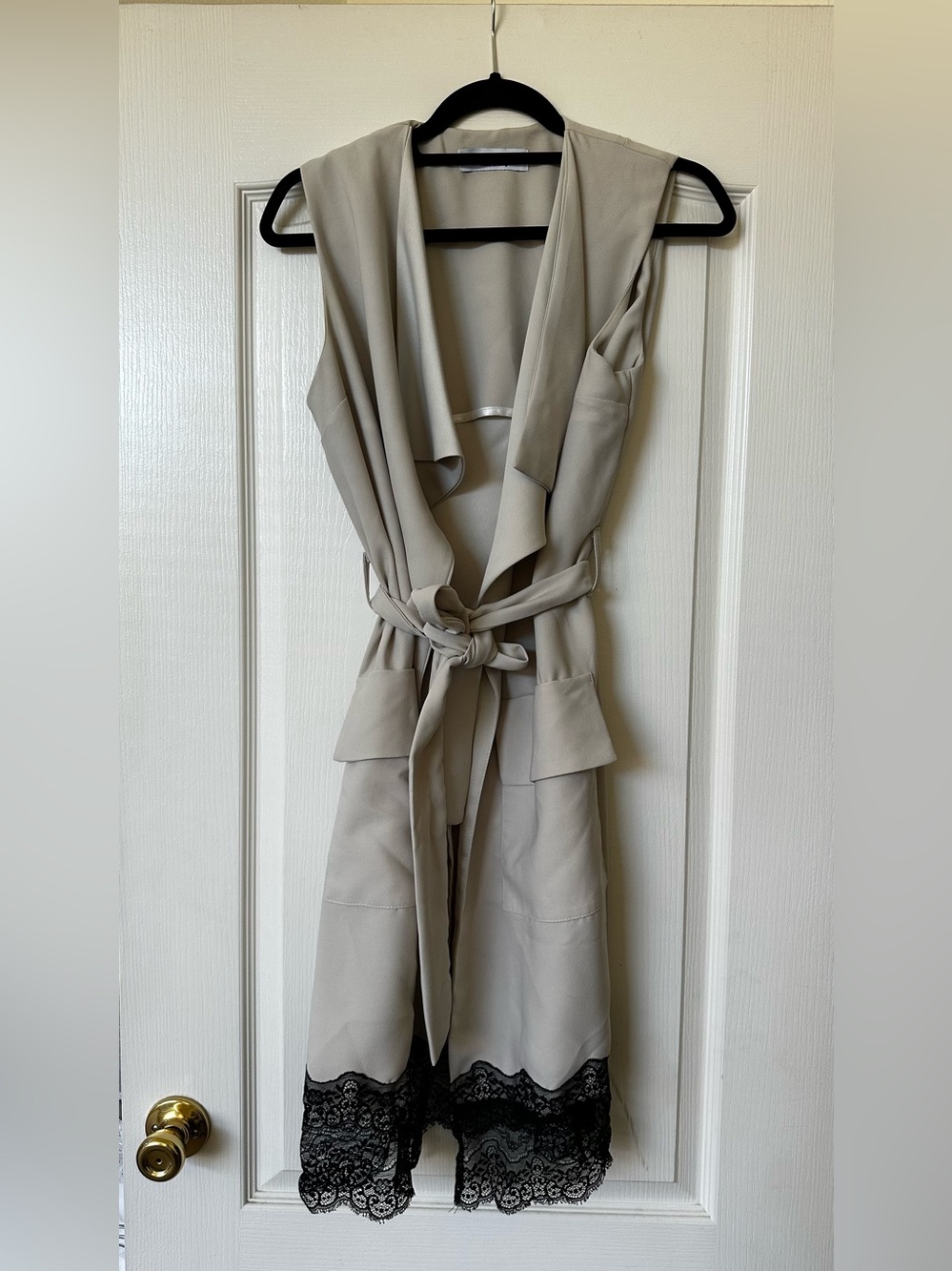 Kaos Sleeveless Tie-Waist Vest Dress with Black Lace Trim - Light Beige
